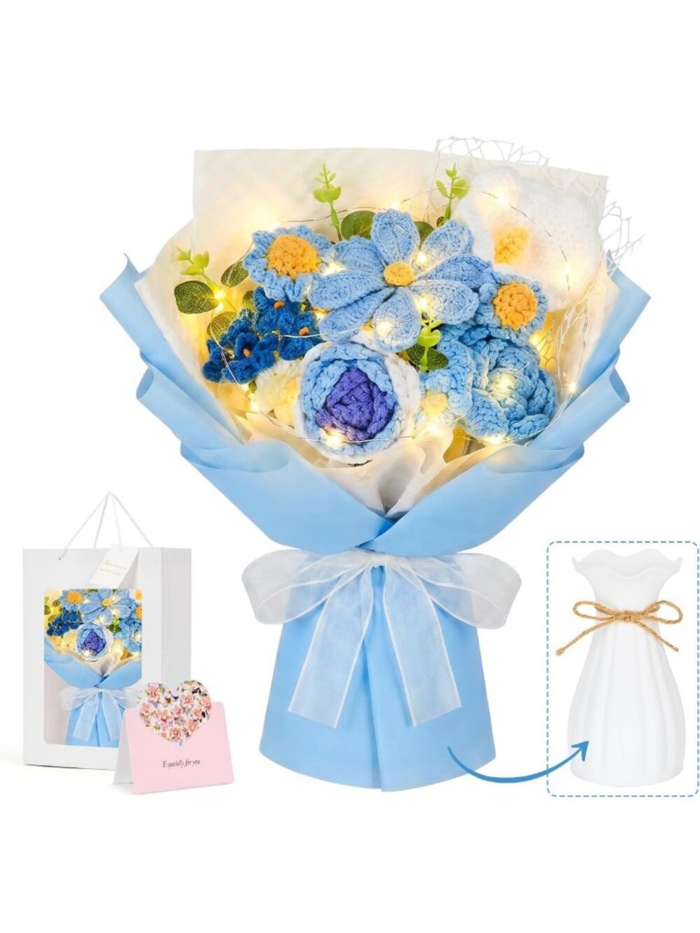 Handmade Crochet Flower Bouquet with Lights | Blue Knitted Floral Arrangement in